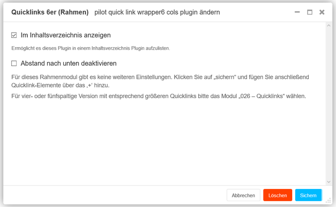 Screenshot Quicklinks 6er Backend