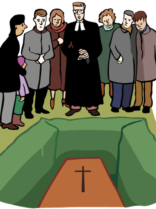 Menschen stehen an einem Grab, in dem ein Sarg liegt (vergrößerte Bildansicht wird geöffnet)