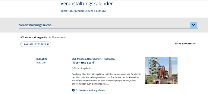 Die Abbildung zeigt das Plugin Veranstaltungsliste auf einer Webseite.