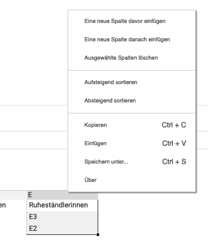 Kontextmenü für eine Spalte im Tabellen-Plugin