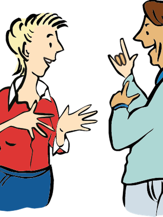 Zwei Personen unterhalten sich in Gebärdensprache (vergrößerte Bildansicht wird geöffnet)