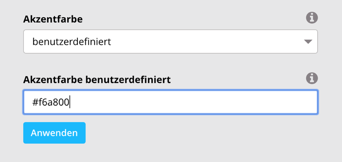 Ansicht des Designschema-Generator mit den Eingabefeldern „Akzentfarbe“ und „Akzentfarbe benutzerdefiniert“