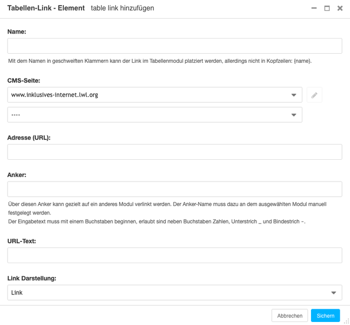 Screenshot Formular Tabellen-Link